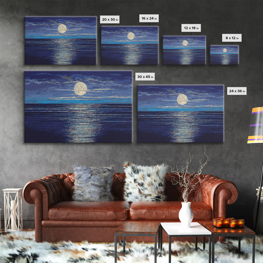 Full Moon Over Deep Blue Water With Glow Wall Art, Modern Coastal Seascape Print, Textured Ocean Decor For Bedroom And Living Room