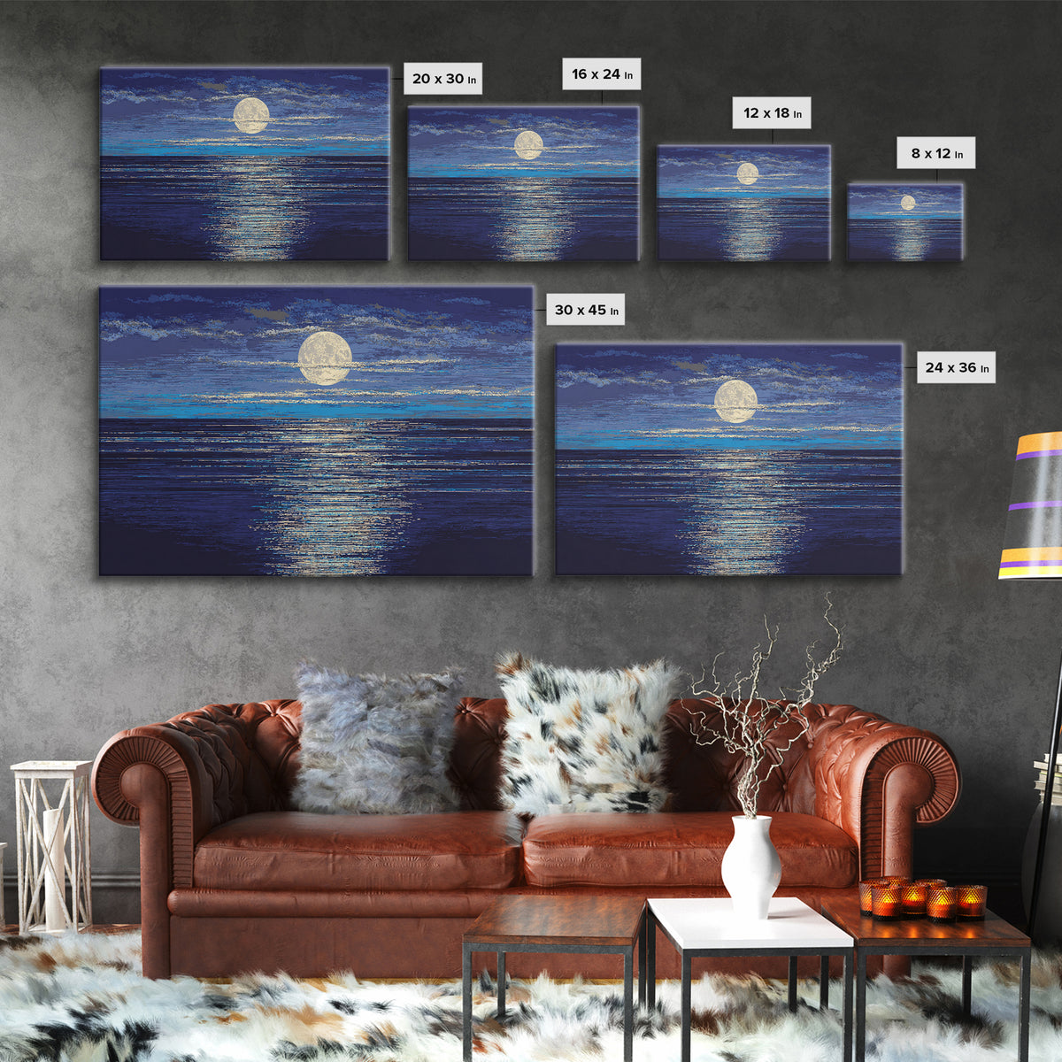 Full Moon Over Deep Blue Water With Glow Wall Art, Modern Coastal Seascape Print, Textured Ocean Decor For Bedroom And Living Room