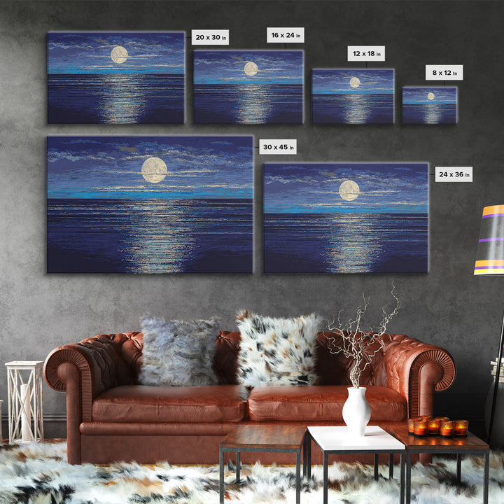 Full Moon Over Deep Blue Water With Glow Wall Art, Modern Coastal Seascape Print, Textured Ocean Decor For Bedroom And Living Room