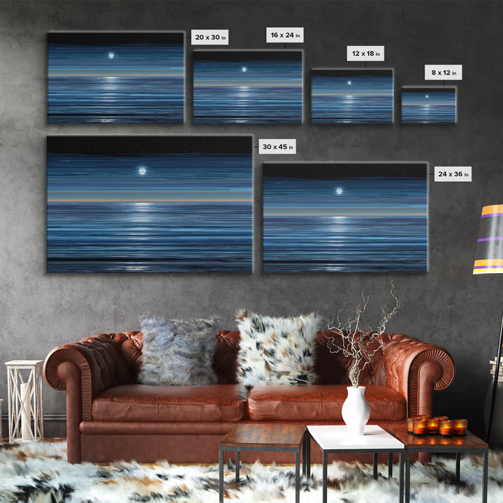 Starry Night Moon Above Blue Horizon Canvas Print, Modern Coastal Wall Art, Minimal Ocean Poster For Bedroom And Living Room Decor