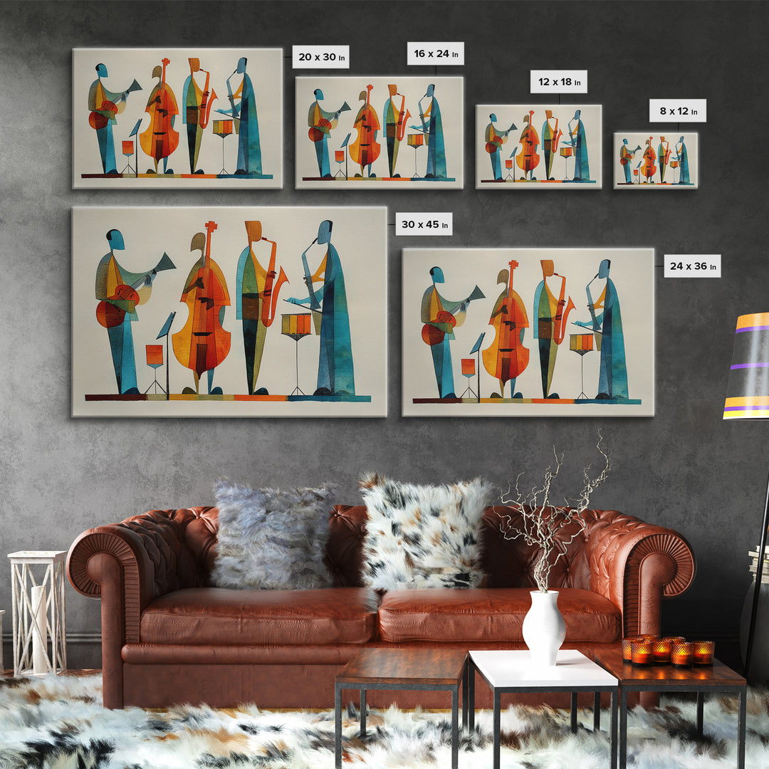 Minimalist Woodcut Jazz Band With Bass And Drums Framed Canvas Print, Midcentury Modern Wall Art, Scandinavian MCM Decor