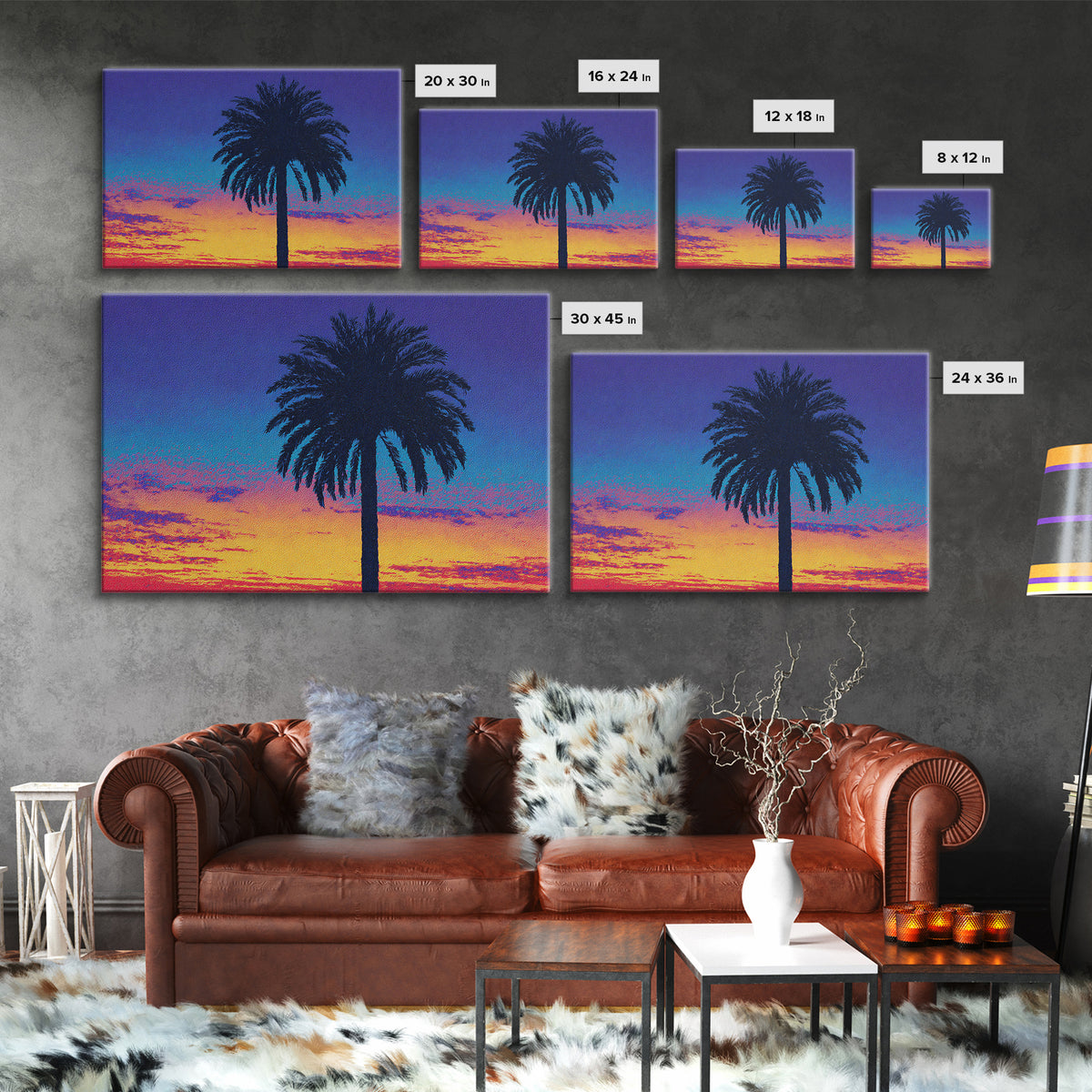 Palm Tree Silhouette At Purple Orange Sunset Wall Art, Retro Tropical Poster, Midcentury Modern Coastal Home Decor, Palm Springs