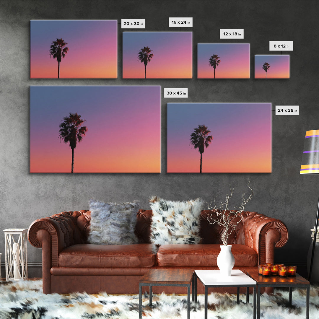Palm Tree Sunset Silhouette Wall Art, Pink Orange Tropical Canvas Print, Retro Coastal Decor, California Art Print, Living Room Decor