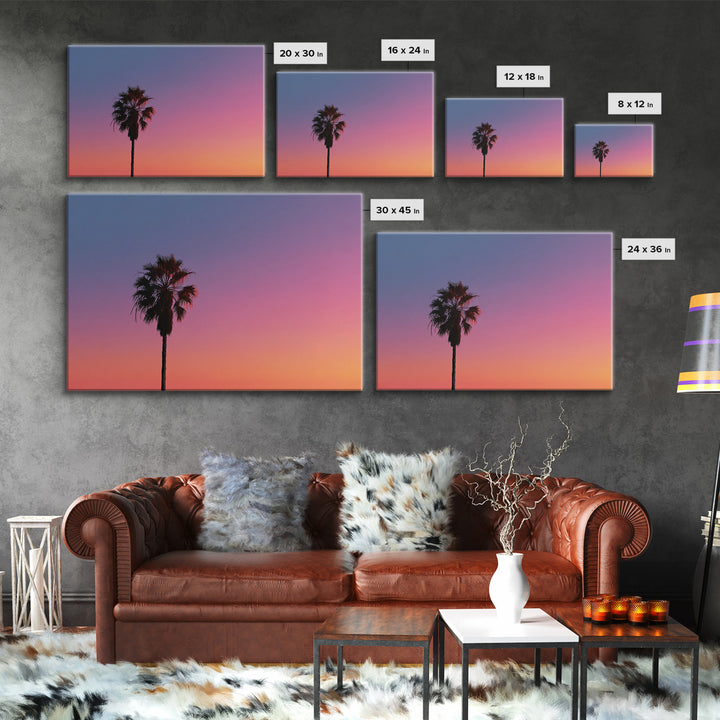 Palm Tree Sunset Silhouette Wall Art, Pink Orange Tropical Canvas Print, Retro Coastal Decor, California Art Print, Living Room Decor
