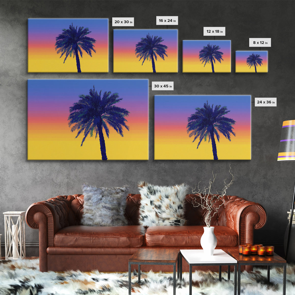 Vibrant Rainbow Palm Tree Wall Art, Mid Century Modern Canvas Print, Tropical Sunset Poster, Colorful Palm Springs Decor