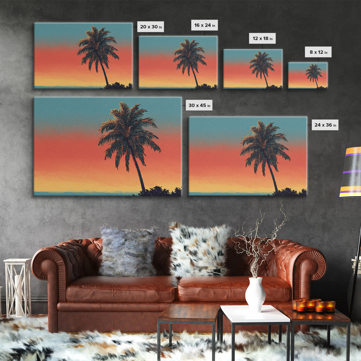 Textured Palm Sunset Wall Art, Retro Tropical Canvas Print, Midcentury Modern Decor, California Poster, Coastal Home Decor
