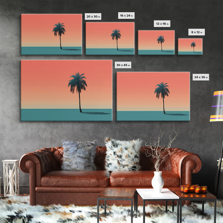 Minimal Palm Tree Shadow Wall Art, Modern Tropical Canvas Print, Teal Orange Sunset Decor, Palm Springs Home Art, Retro Wall Decor