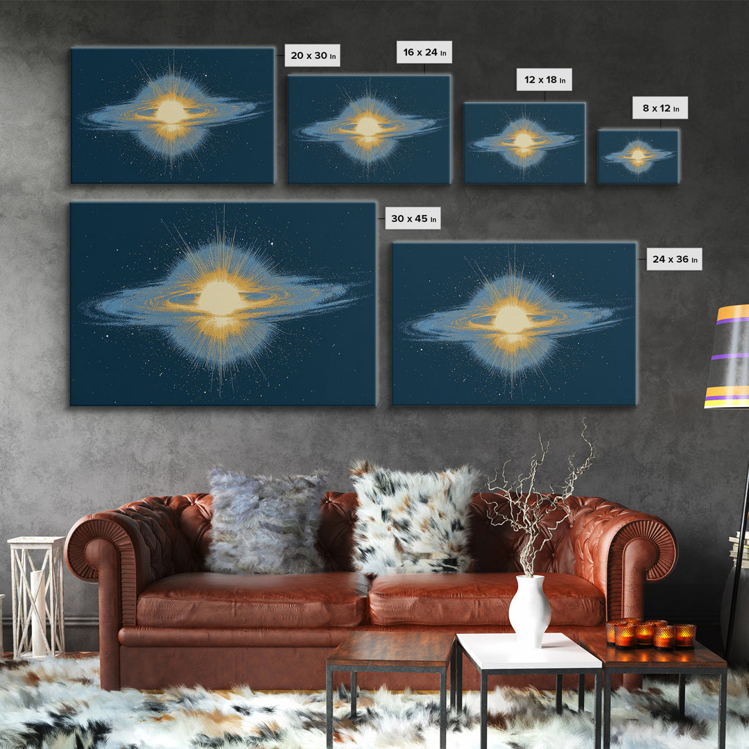 Glowing Galaxy Ring Wall Art, Cosmic Abstract Canvas Print, Space Poster, Modern Digital Art, Blue Gold Star Decor, Sci Fi Wall Art
