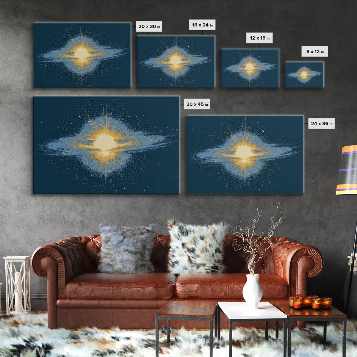 Glowing Galaxy Ring Wall Art, Cosmic Abstract Canvas Print, Space Poster, Modern Digital Art, Blue Gold Star Decor, Sci Fi Wall Art