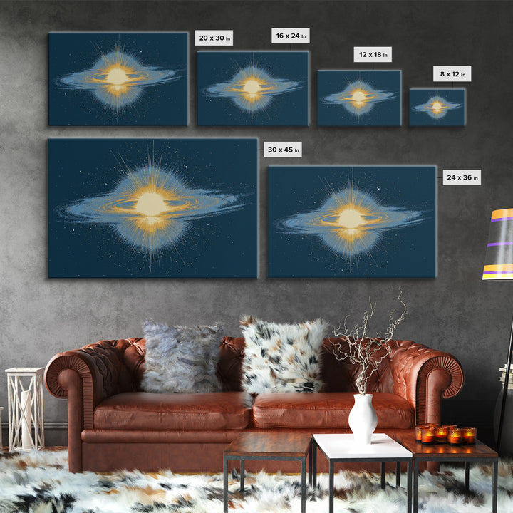 Glowing Galaxy Ring Wall Art, Cosmic Abstract Canvas Print, Space Poster, Modern Digital Art, Blue Gold Star Decor, Sci Fi Wall Art