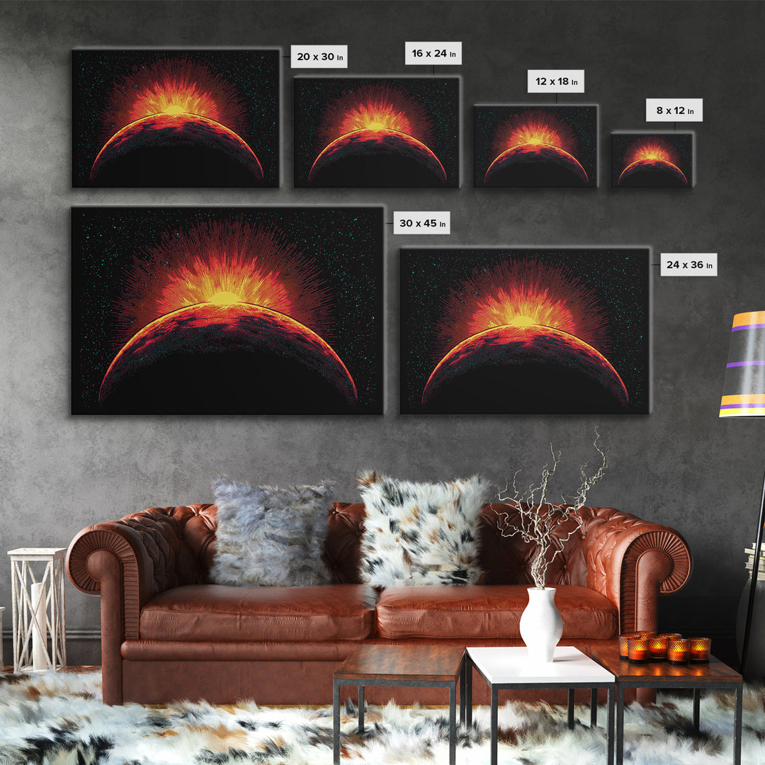 Fiery Red Planet Sunrise Wall Art, Retro Sci Fi Canvas Print, Cosmic Space Poster, Orange Black Modern Home Decor, Art Print
