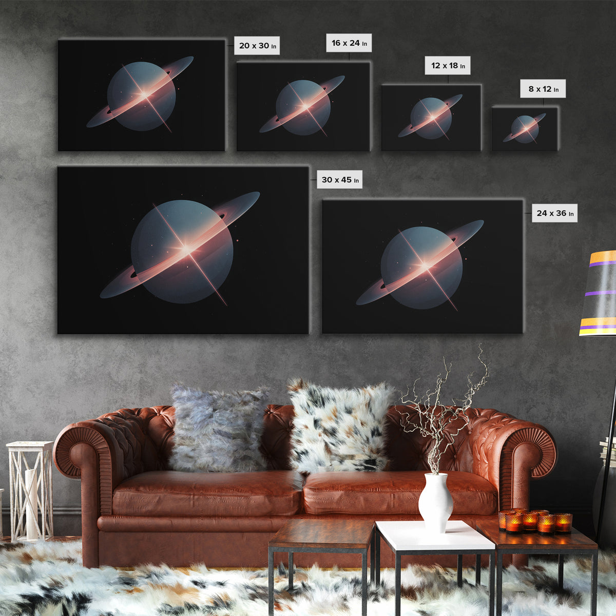 Blue Ringed Planet Wall Art, Saturn Inspired Canvas Print, Retro Space Poster, Modern Sci Fi Decor, Galaxy Art Print Gift