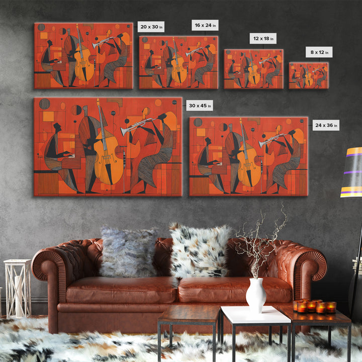 Orange Cubist Jazz Trio With Piano Bass And Trumpet Wall Art, Midcentury Modern Art Print, Atomic Music Room Retro Decor