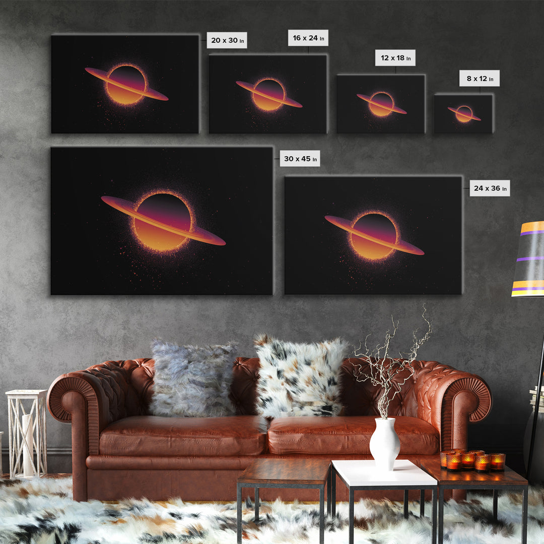 Orange Ringed Planet Wall Art, Retro Cosmic Canvas Print, Saturn Inspired Space Poster, Modern Sci Fi Home Decor, Galaxy Art Print