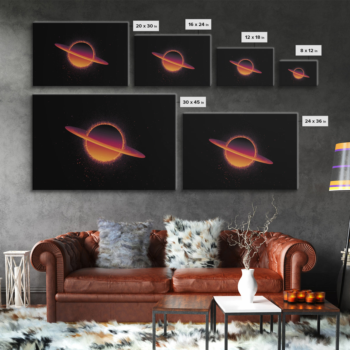 Orange Ringed Planet Wall Art, Retro Cosmic Canvas Print, Saturn Inspired Space Poster, Modern Sci Fi Home Decor, Galaxy Art Print