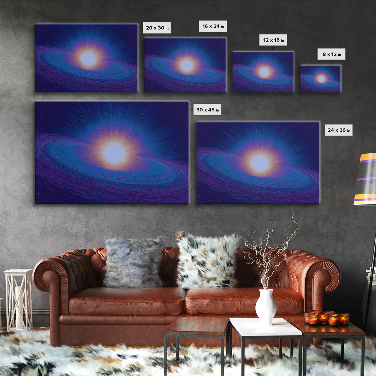 Radiant Cosmic Galaxy Ring Wall Art, Retro Sci Fi Space Poster, Blue Purple Modern Abstract Art, Mid Century Decor Print