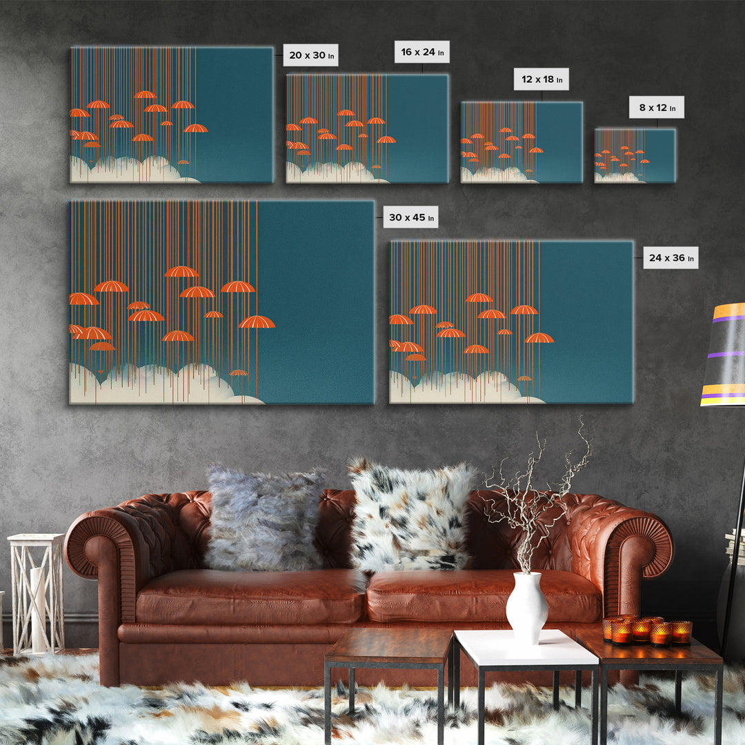Orange Umbrella Rainfall Canvas Print, Teal Sky Cloudscape Wall Decor, Midcentury Modern Art, Retro Graphic Poster For Living Room