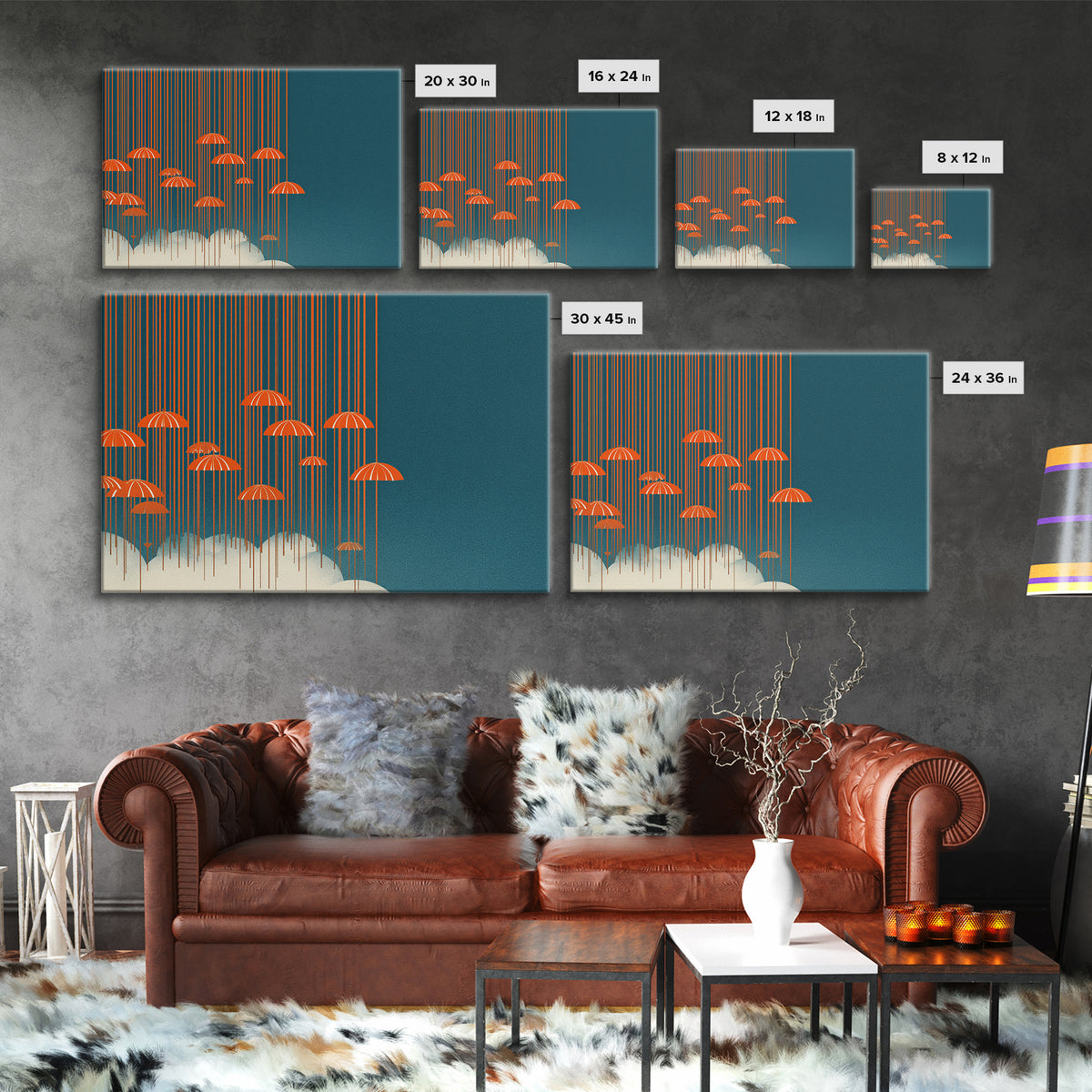 Orange Umbrella Rainfall Canvas Print, Teal Sky Cloudscape Wall Decor, Midcentury Modern Art, Retro Graphic Poster For Living Room