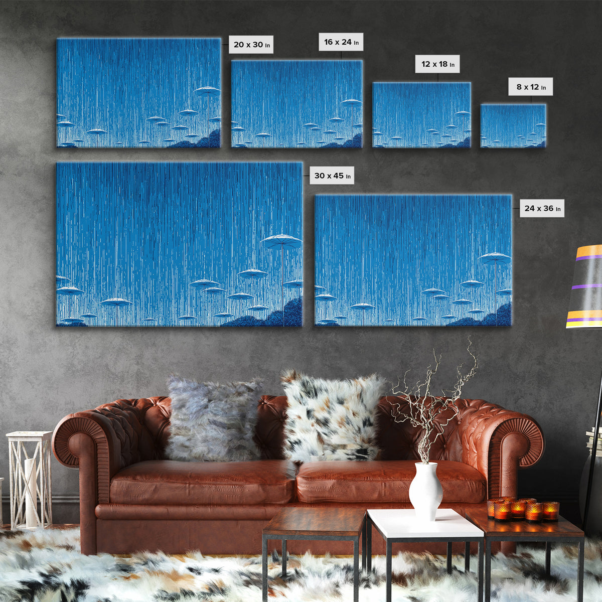 Blue Monsoon Umbrella Rain Wall Art, White Parasol Storm Scene, Modern Abstract Art Print, Coastal Bedroom Wall Decor Poster