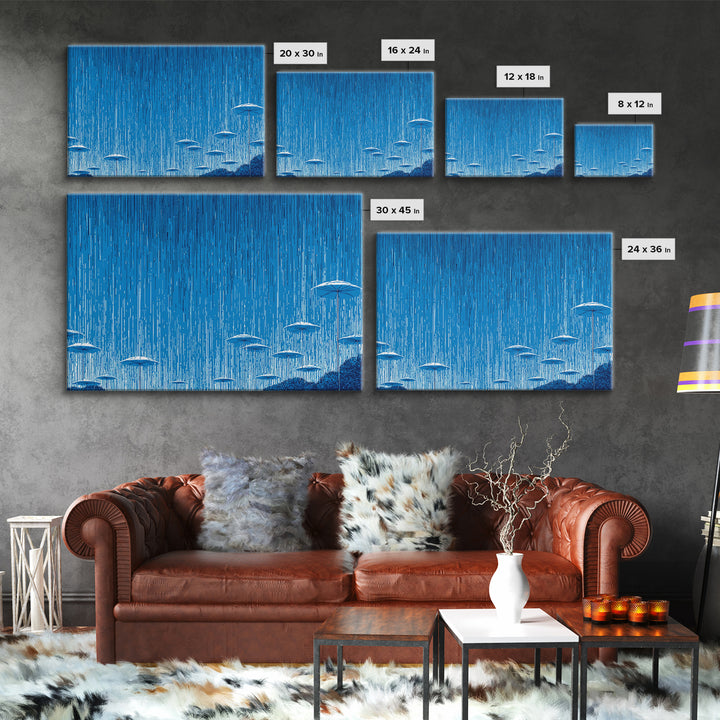Blue Monsoon Umbrella Rain Wall Art, White Parasol Storm Scene, Modern Abstract Art Print, Coastal Bedroom Wall Decor Poster