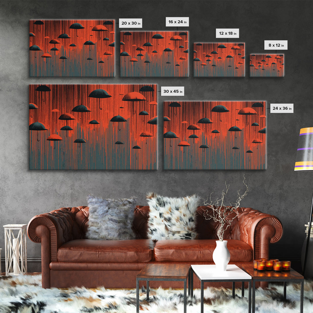 Red And Black Umbrella Storm Framed Canvas Print, Dramatic Rain Wall Art, Modern Abstract Poster, Bold MCM Wall Decor Print