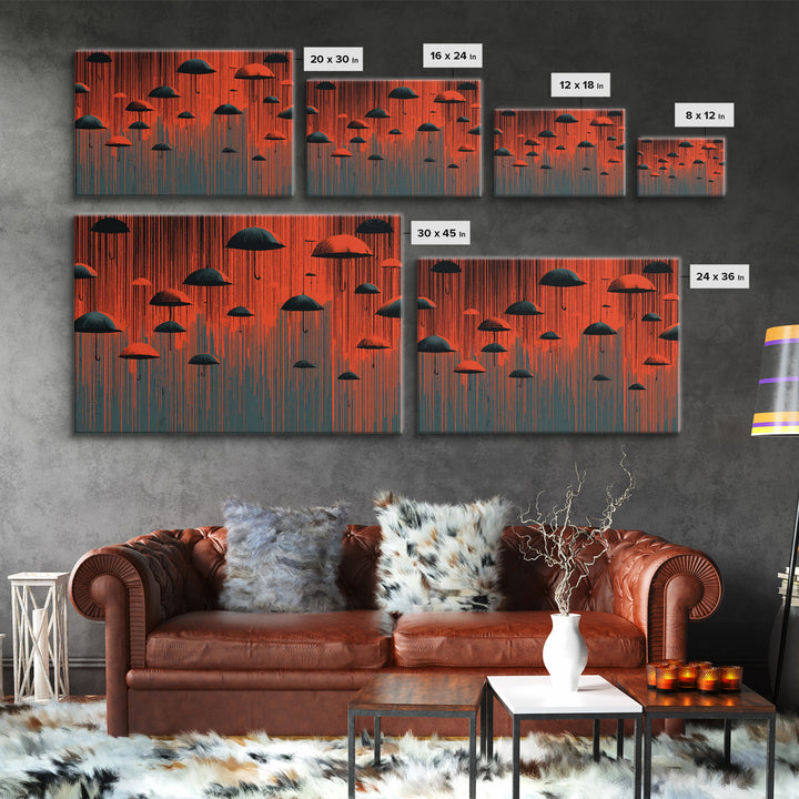 Red And Black Umbrella Storm Framed Canvas Print, Dramatic Rain Wall Art, Modern Abstract Poster, Bold MCM Wall Decor Print