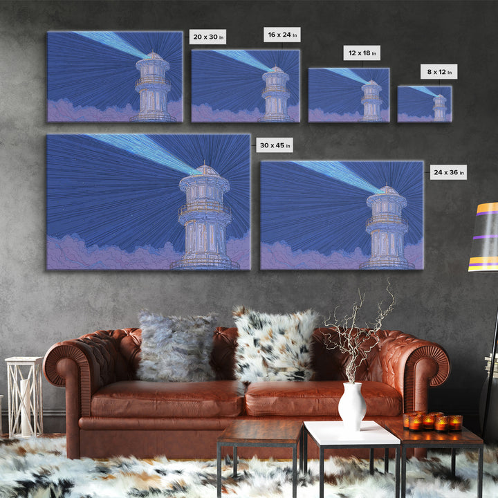 Blue Lighthouse Beam Framed Canvas Print, Coastal Night Sky Wall Art, Nautical Modern Poster, Scenic Ocean Home Decor Print