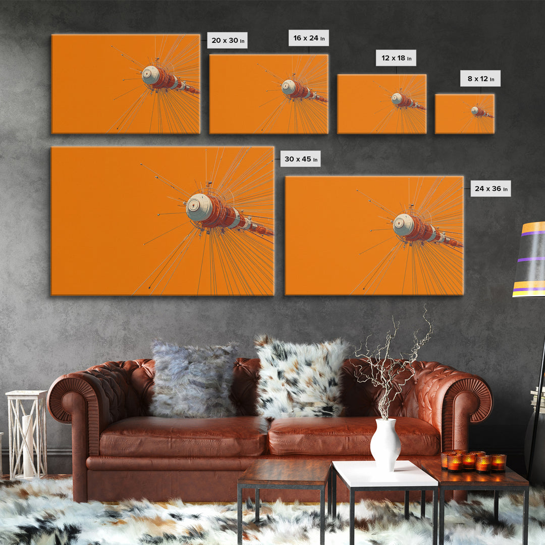 Orange Retro Space Satellite Canvas Print, Sputnik Inspired Antenna Wall Art, Modern Sci Fi Poster, Midcentury Decor Gift