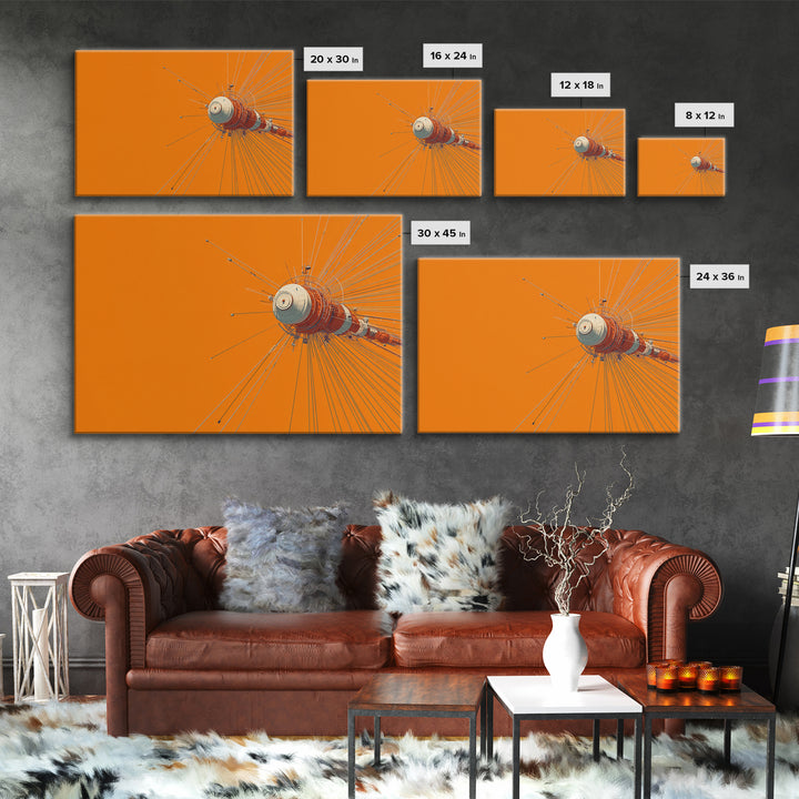 Orange Retro Space Satellite Canvas Print, Sputnik Inspired Antenna Wall Art, Modern Sci Fi Poster, Midcentury Decor Gift