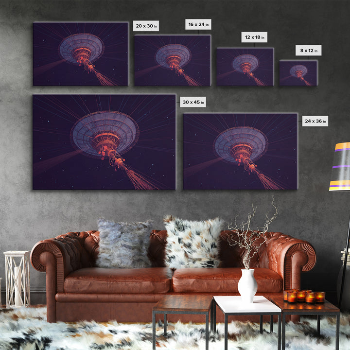 Deep Space Radio Telescope Wall Art, Purple Starry Observatory Dish, Retro Sci Fi Poster, Modern Abstract Canvas Print Decor