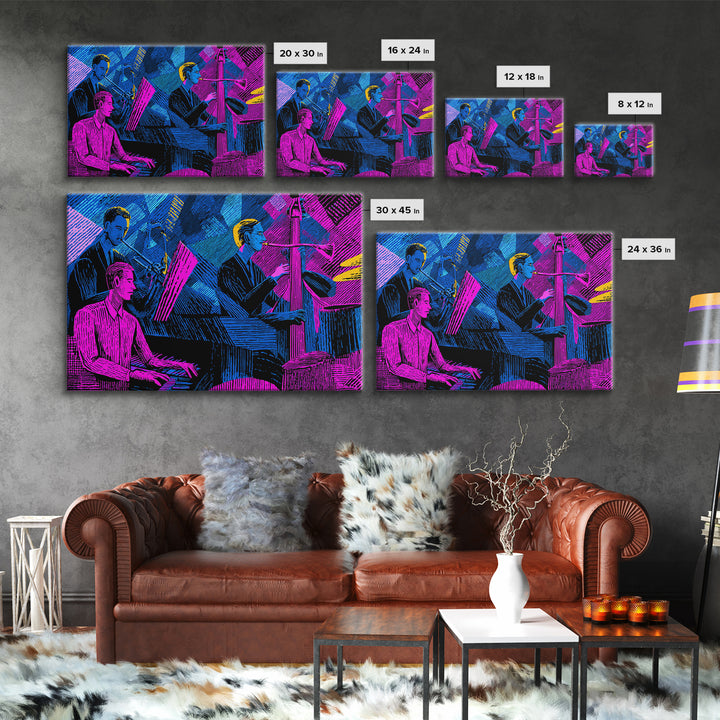 Electric Blue Magenta Jazz Club Trio Wall Art, Midcentury Modern Art Print, Neon Retro Piano Bass Music Room Decor, Poster