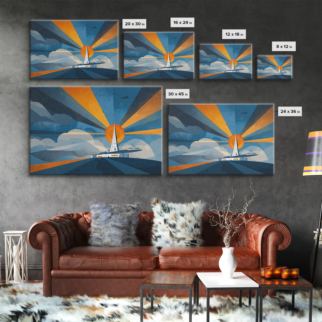 Midcentury Sailboat Sunset Wall Art, Blue Orange Ocean Rays, Retro Travel Poster, Modern Coastal Home Decor Canvas Print