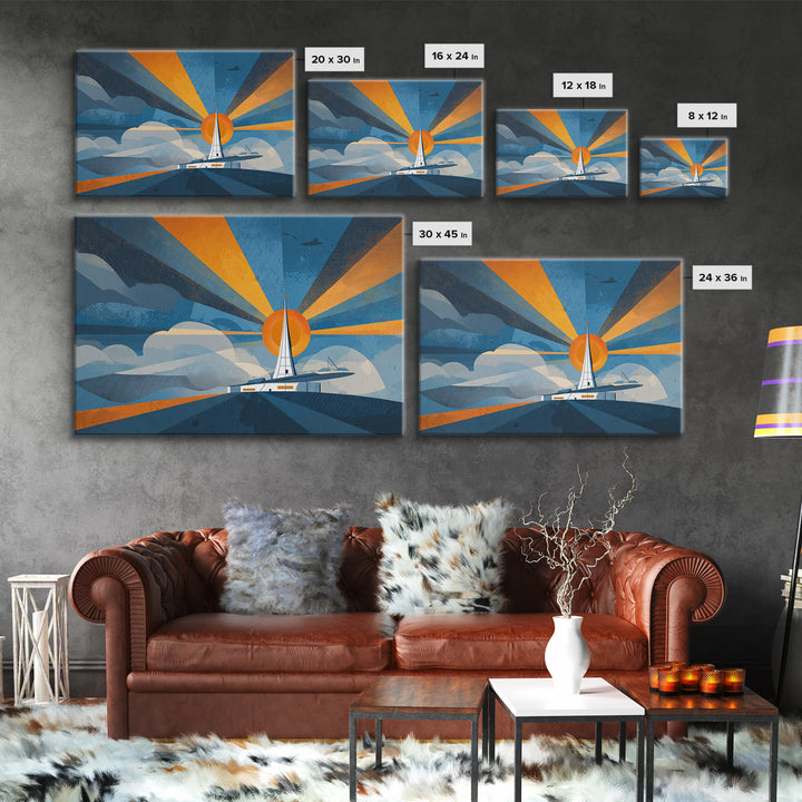 Midcentury Sailboat Sunset Wall Art, Blue Orange Ocean Rays, Retro Travel Poster, Modern Coastal Home Decor Canvas Print
