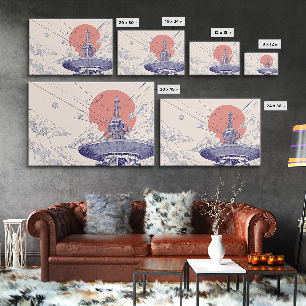 Retro Satellite Dish Under Coral Sun Wall Art, Mid Century Modern Space Poster, Sci Fi Architectural Print, Office Wall Decor