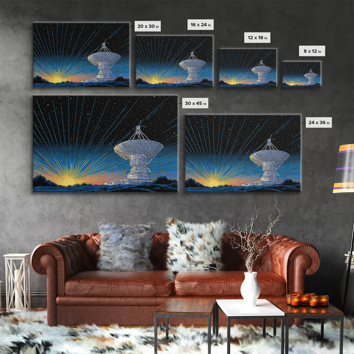 Starry Radio Telescope Sunrise Canvas Print, Mid Century Modern Wall Art, Retro Space Poster, Astronomy Home Office Decor