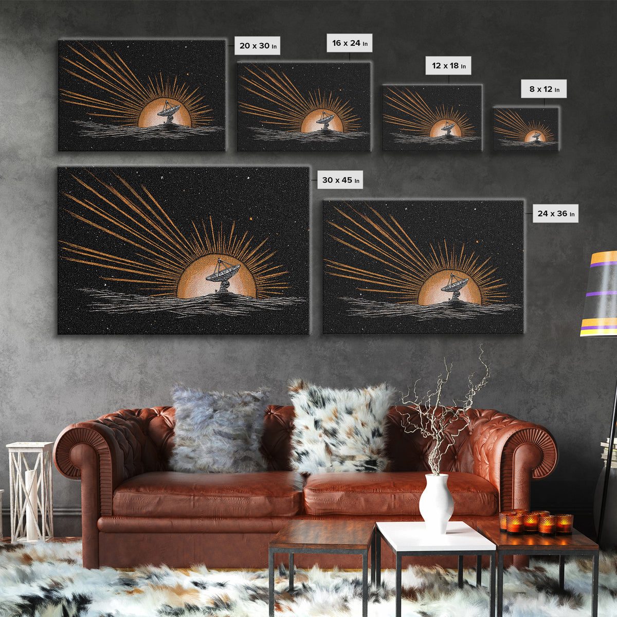 Tiny Satellite Dish On Orange Planet Wall Art, Retro Sci Fi Space Poster, Mid Century Modern Abstract Art Print, Man Cave Decor