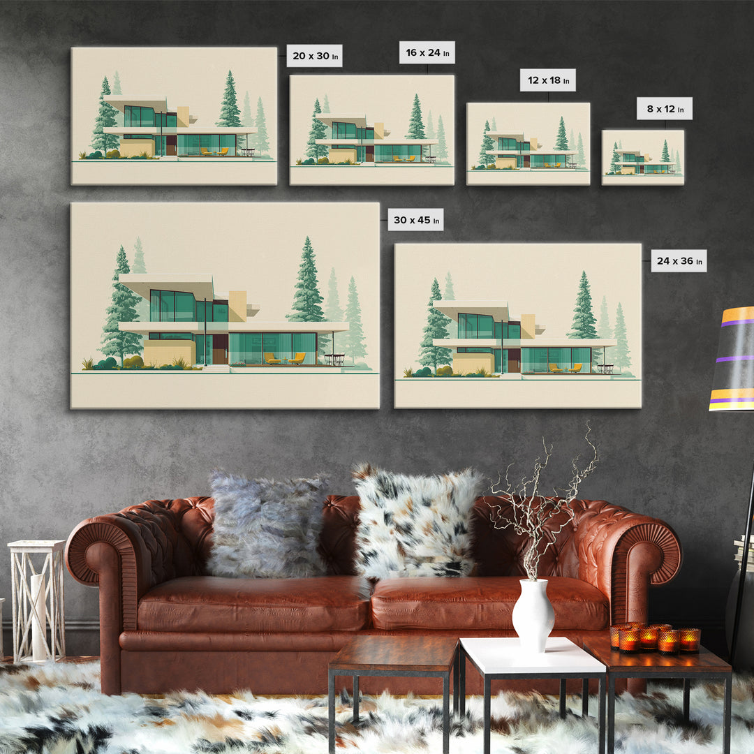 Minimal Glass House With Pines Framed Canvas Print, Mid Century Modern Architecture Wall Art, Scandinavian Modern Home Decor