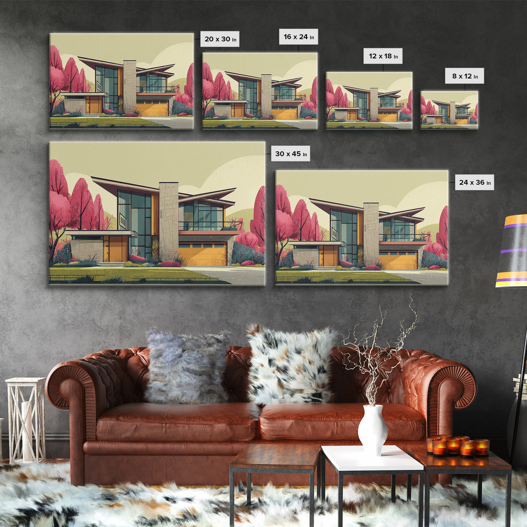 Angular Modern Home With Pink Trees Wall Art, Mid Century Modern Architecture Print, Colorful Retro Home Decor, MCM Poster