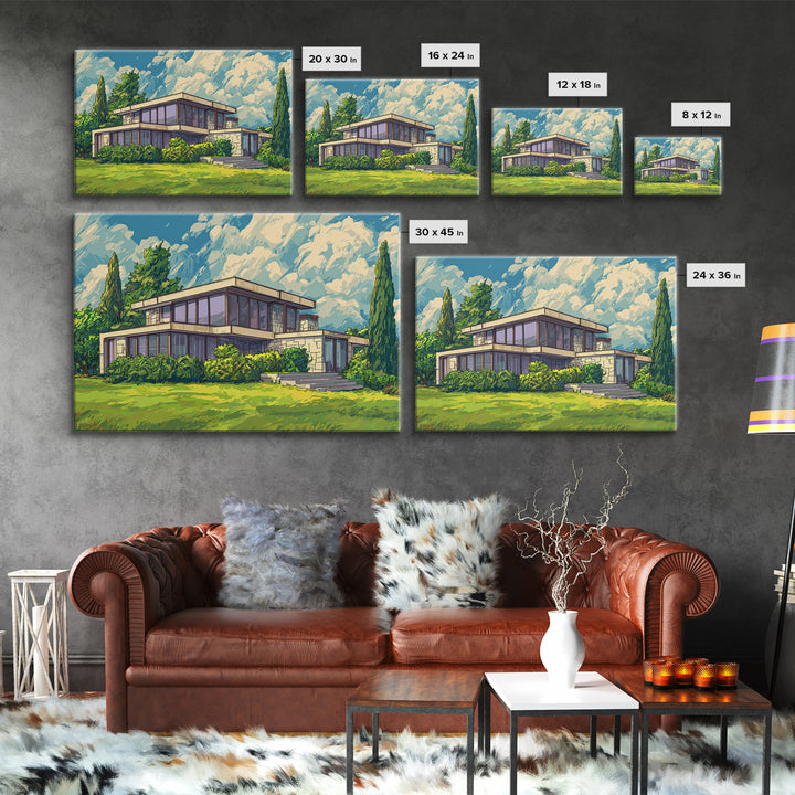 Sunlit Glass Villa And Cypress Garden Canvas Print, Mid Century Modern Wall Art, Architectural Landscape Poster, Living Room Decor