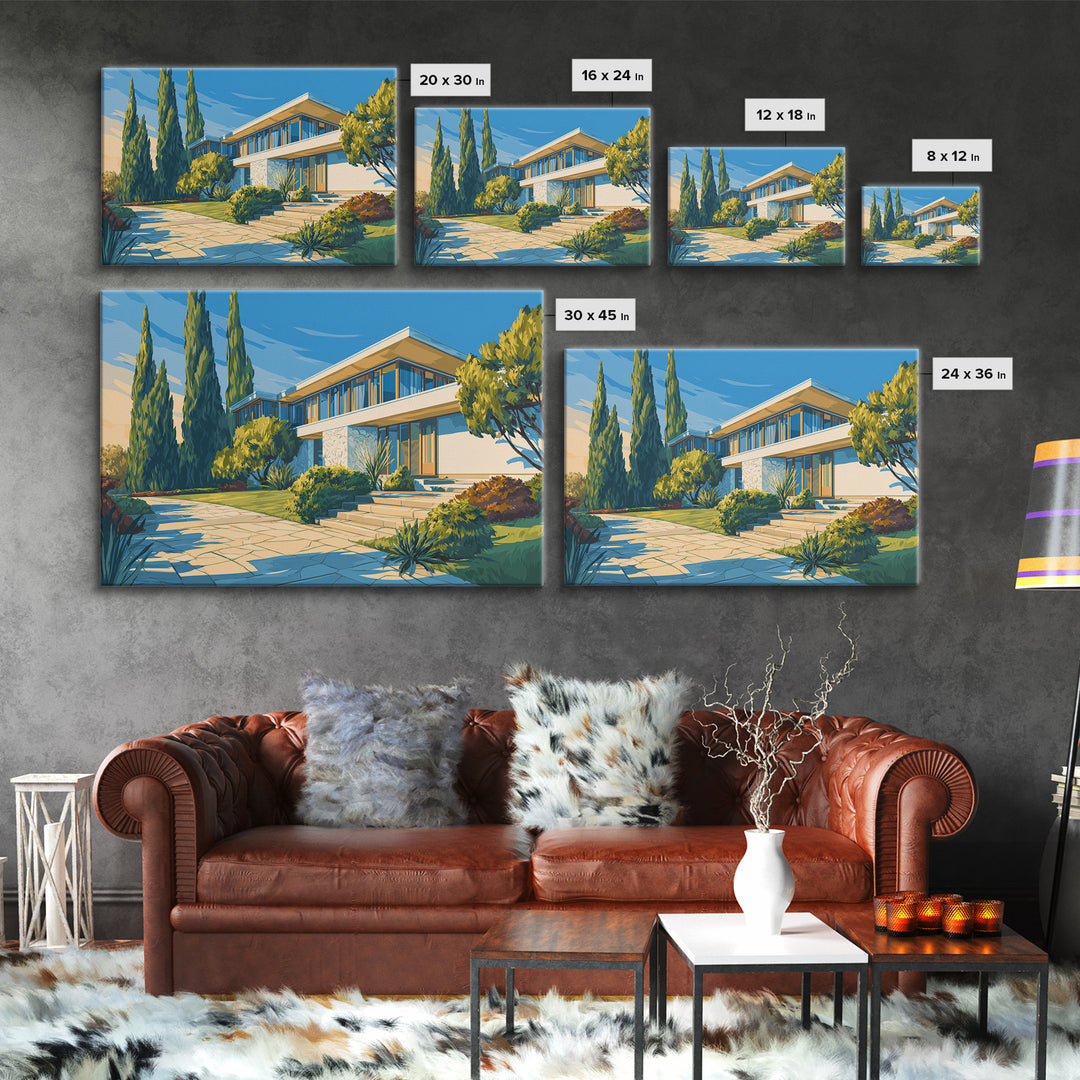 Blue Sky Modernist Villa With Cypress Framed Canvas Print, Mid Century Modern Wall Art, Palm Springs Style Home Decor Poster