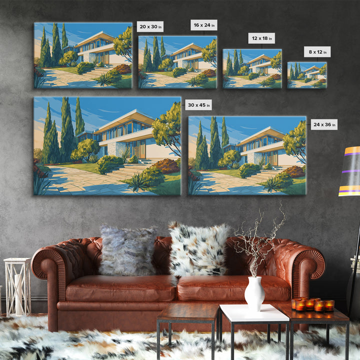 Blue Sky Modernist Villa With Cypress Framed Canvas Print, Mid Century Modern Wall Art, Palm Springs Style Home Decor Poster