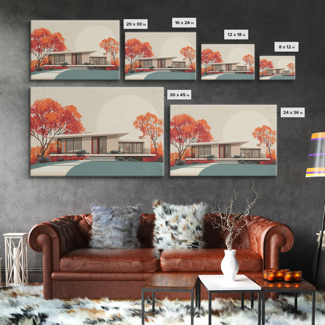 Autumn Mid Century House With Orange Trees Wall Art, Retro Modern Architecture Print, MCM Home Decor, Large Canvas Poster