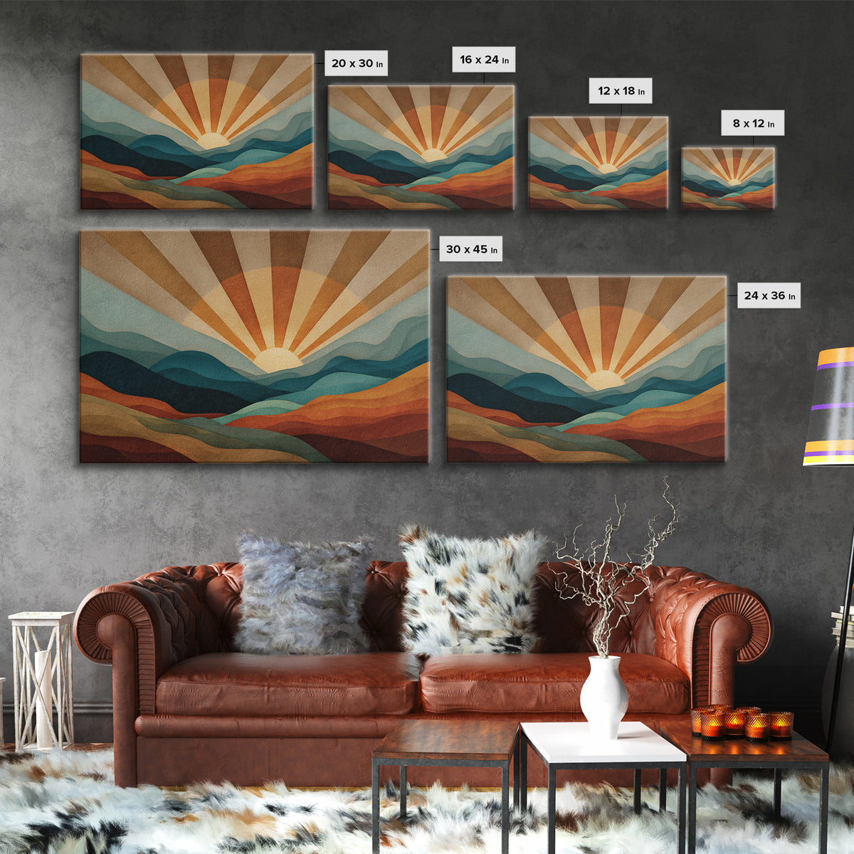 Layered Mountain Sunrise In Teal And Rust Canvas Print, Mid Century Modern Abstract Wall Art, Retro Boho Living Room Decor