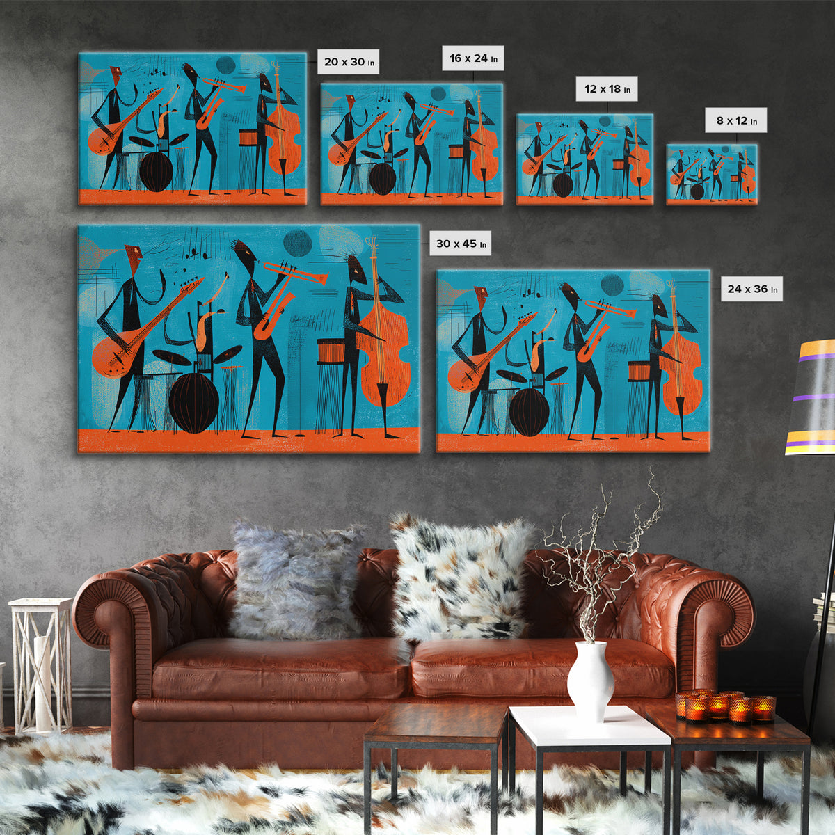 Teal Orange Midcentury Jazz Band With Drums And Bass Canvas Print, Atomic Modern Wall Art, Retro Music Room Decor, Poster