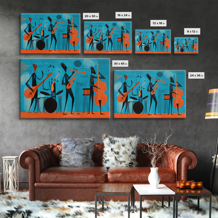 Teal Orange Midcentury Jazz Band With Drums And Bass Canvas Print, Atomic Modern Wall Art, Retro Music Room Decor, Poster