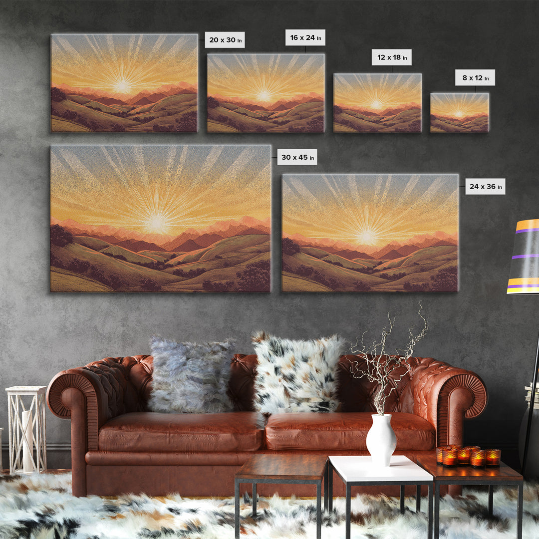 Golden Sunrise Over Rolling Hills Wall Art, Scenic Landscape Poster, Mid Century Modern Nature Art, Warm Bedroom Decor Print