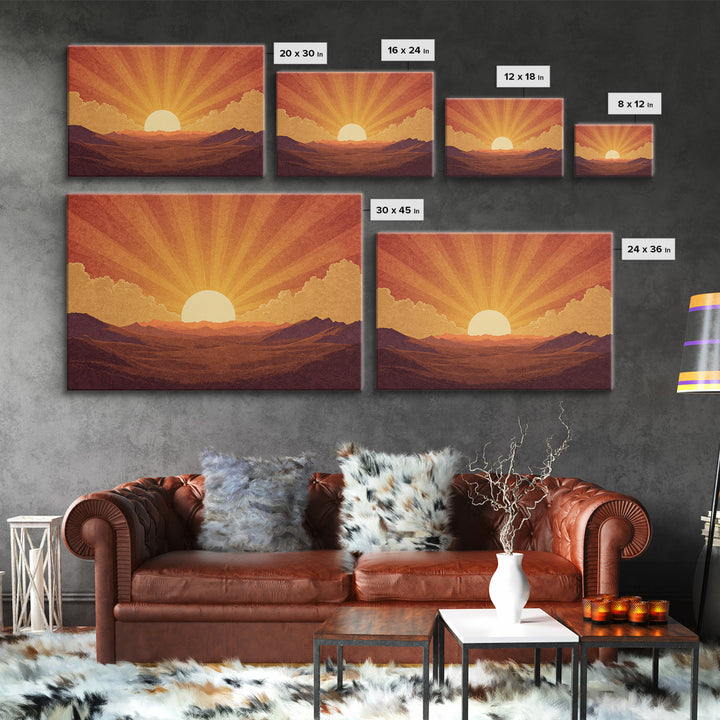 Orange Desert Sunrise Wall Art, Retro Sunburst Landscape Print, Mid Century Modern Decor, Warm Southwestern Living Room Art