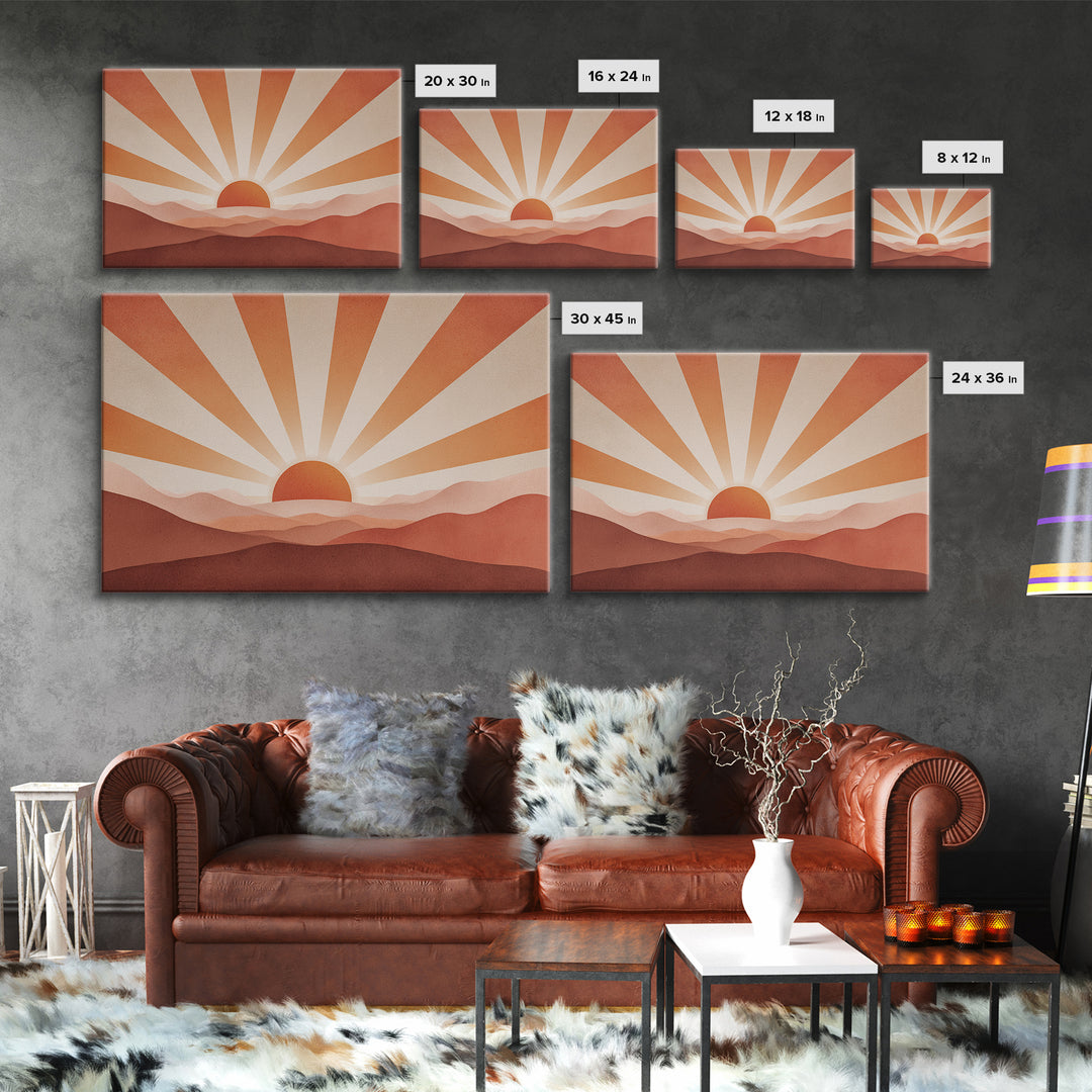 Minimalist Abstract Sunrise Canvas Print, Blush Mountain Landscape, Mid Century Modern Wall Decor For Bedroom And Office