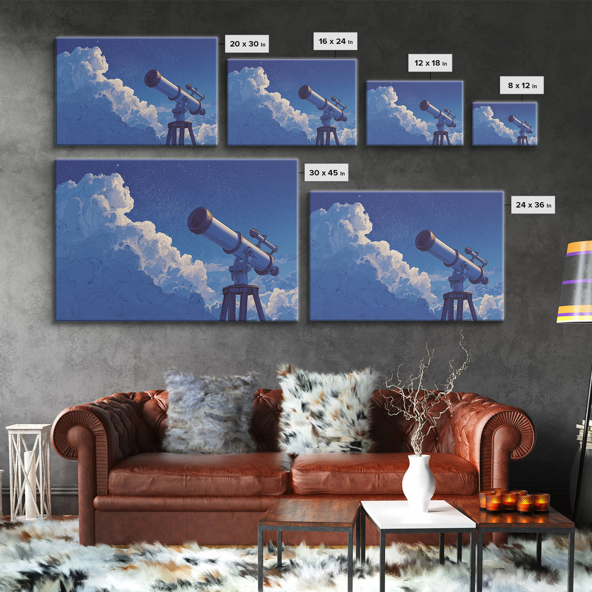 Blue Cloud Telescope Framed Canvas Print, Dreamy Night Sky Illustration, Astronomy Wall Decor For Modern Bedroom And Office Art