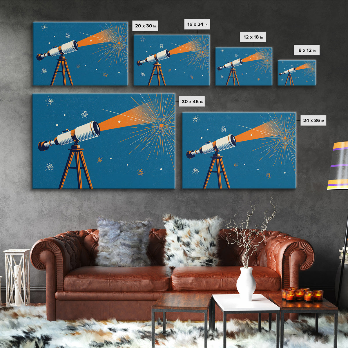 Mid Century Telescope Beam Wall Art, Atomic Space Illustration, Blue Orange Retro Poster For Modern Science Room Home Decor